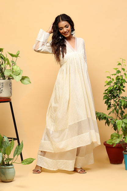 Sanchi Off-white Kurta Palazzo Set with Organza Details