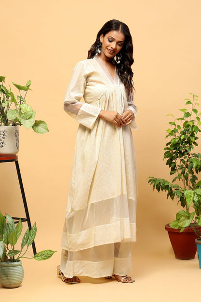 Sanchi Off-white Kurta Palazzo Set with Organza Details