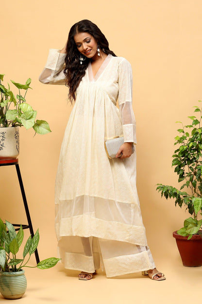 Sanchi Off-white Kurta Palazzo Set with Organza Details