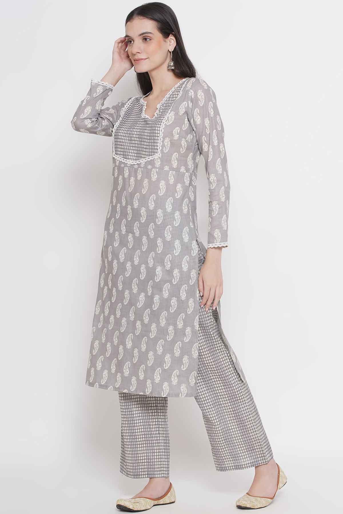 Riwaaz Light Grey Paisley Kurta Set