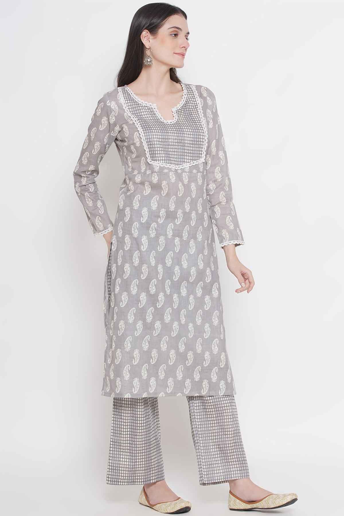 Riwaaz Light Grey Paisley Kurta Set