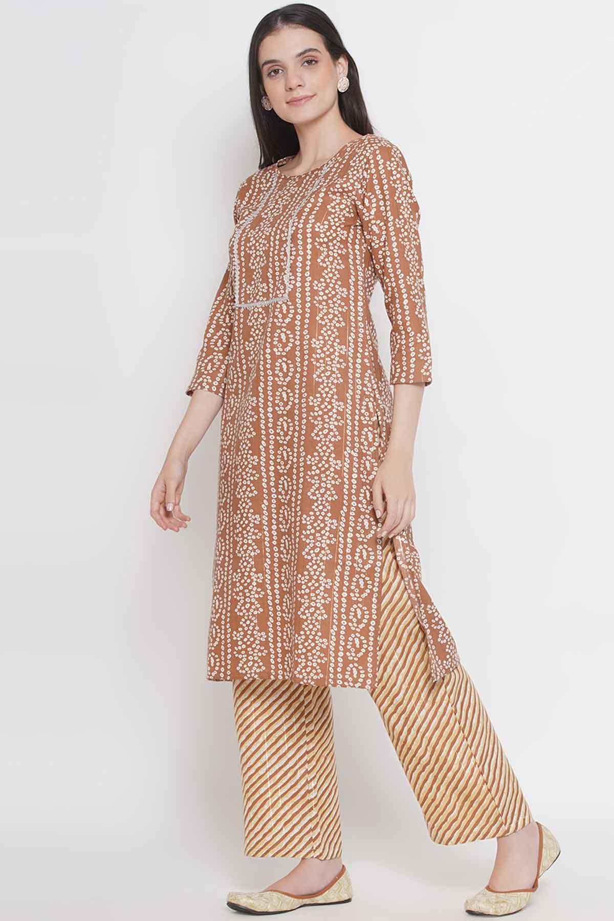 Riwaaz Cinnamon Bandhani Print Kurta Set