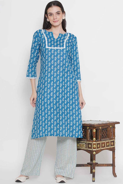 Riwaaz Turquoise Blue Kurta Set with Lace Details