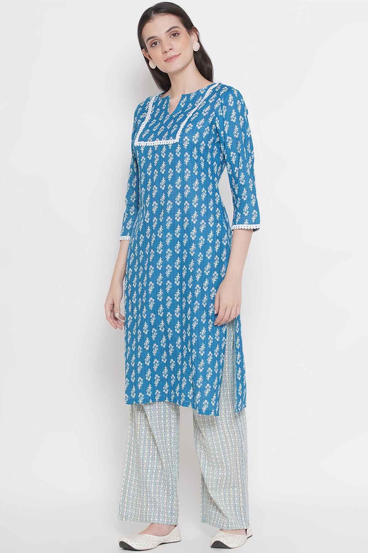 Riwaaz Turquoise Blue Kurta Set with Lace Details