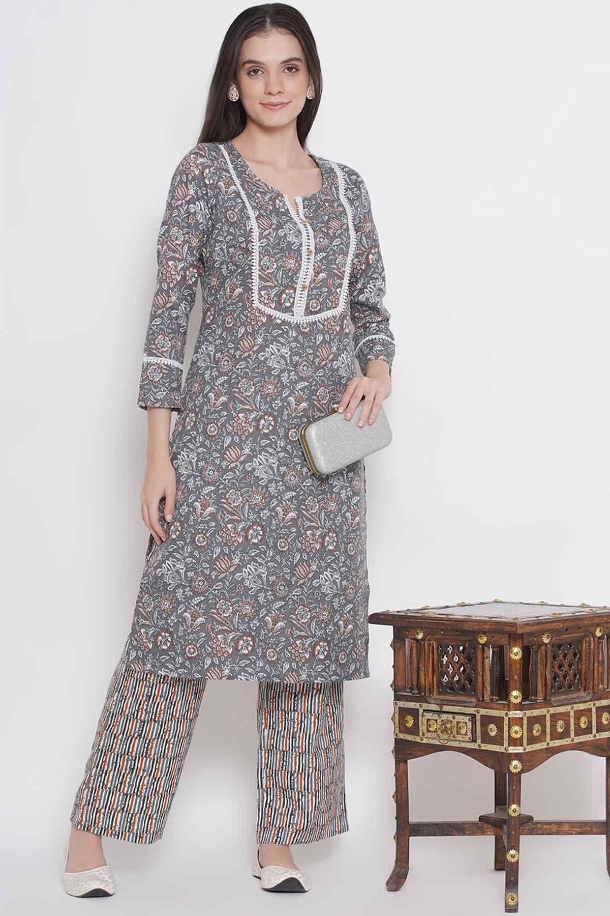 Riwaaz Floral Grey Kurta Set with Lace