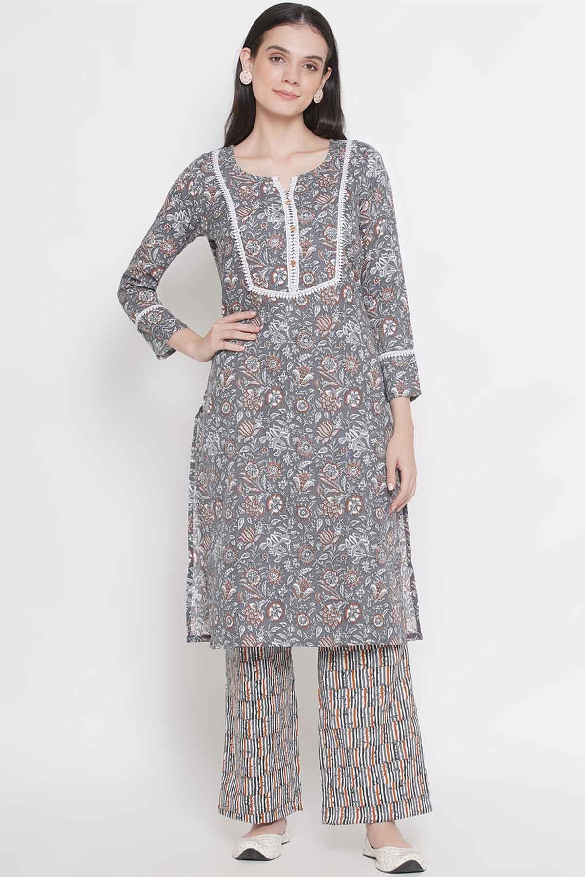 Riwaaz Floral Grey Kurta Set with Lace