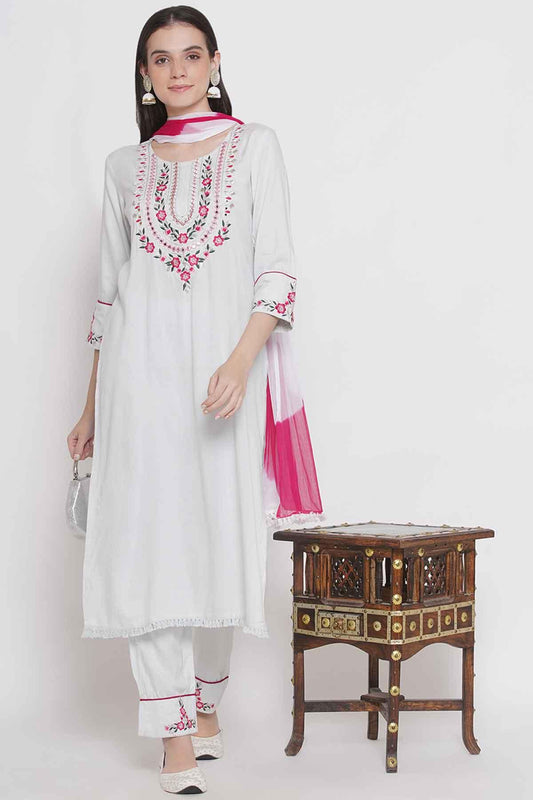 Riwaaz White and Pink Kurta Set with Dupatta