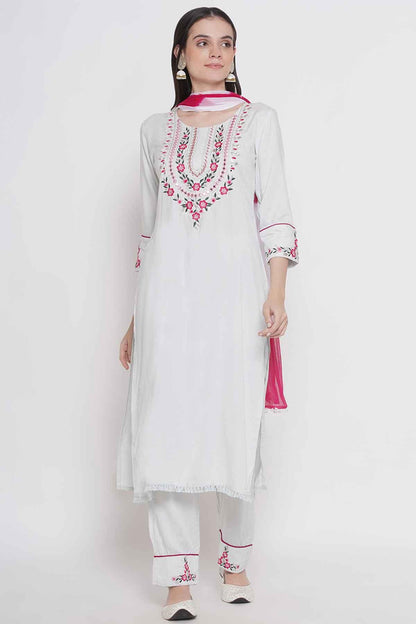 Riwaaz White and Pink Kurta Set with Dupatta