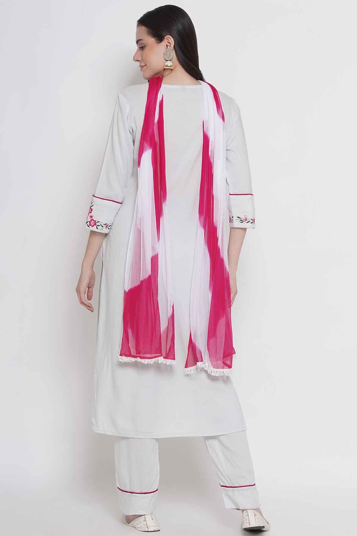 Riwaaz White and Pink Kurta Set with Dupatta