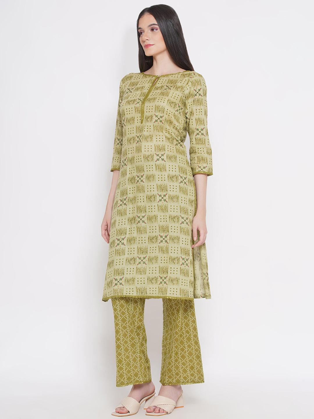 Riwaaz Olive Green Printed Kurta Set