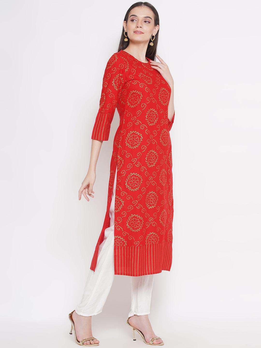 Riwaaz Coral Red Bandhani Kurta Set