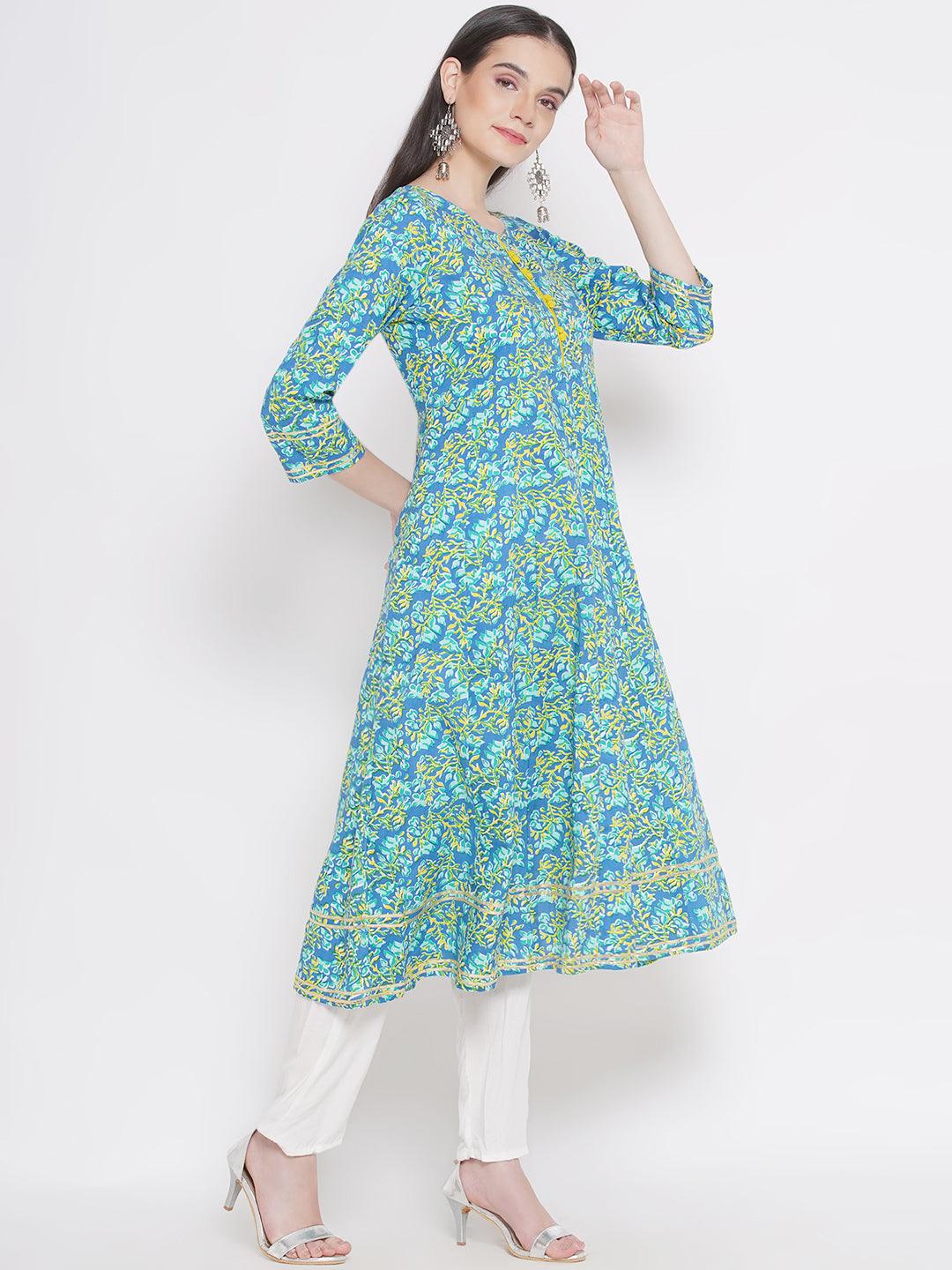 Riwaaz Blue Floral A-line Kurta Set