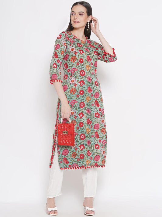 Riwaaz Green Floral Kurta Set with Pompom Lace