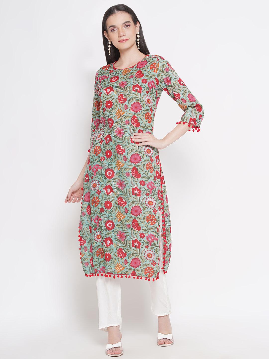 Riwaaz Green Floral Kurta Set with Pompom Lace