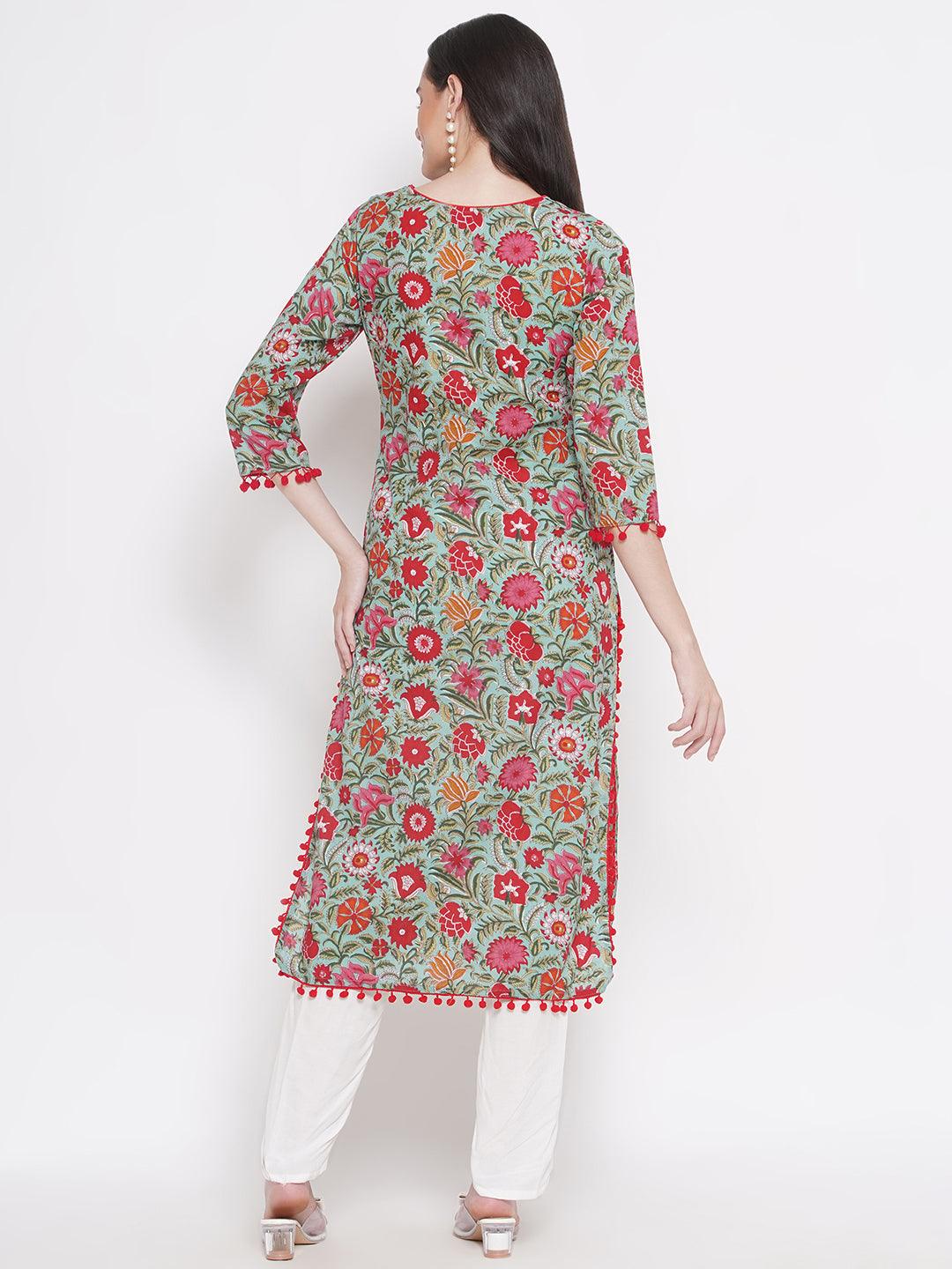 Riwaaz Green Floral Kurta Set with Pompom Lace