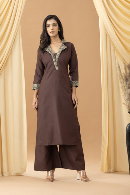 Harsingaar Coffee Ajrakh Coat Collar Kurta Set