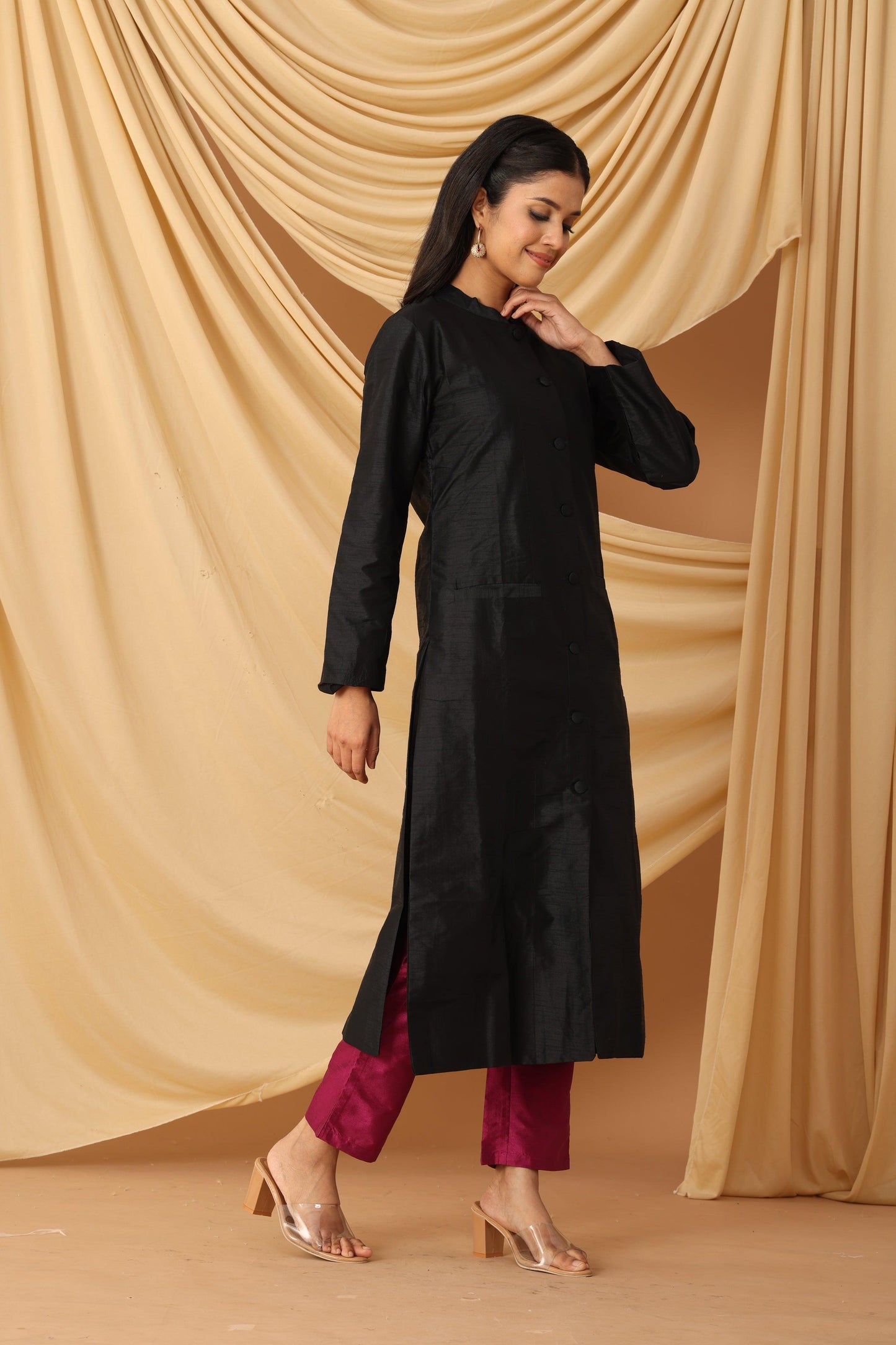 Sanchi Midnight Black Achkan with Berry Pants