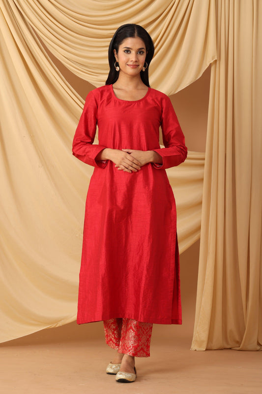 Sanchi Red Silk & Brocade Kurta Set