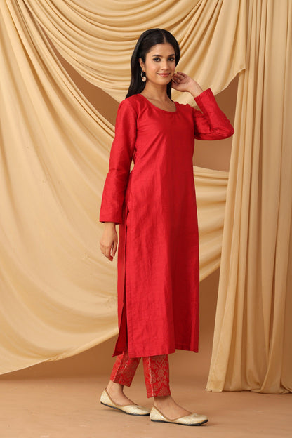 Sanchi Red Silk & Brocade Kurta Set