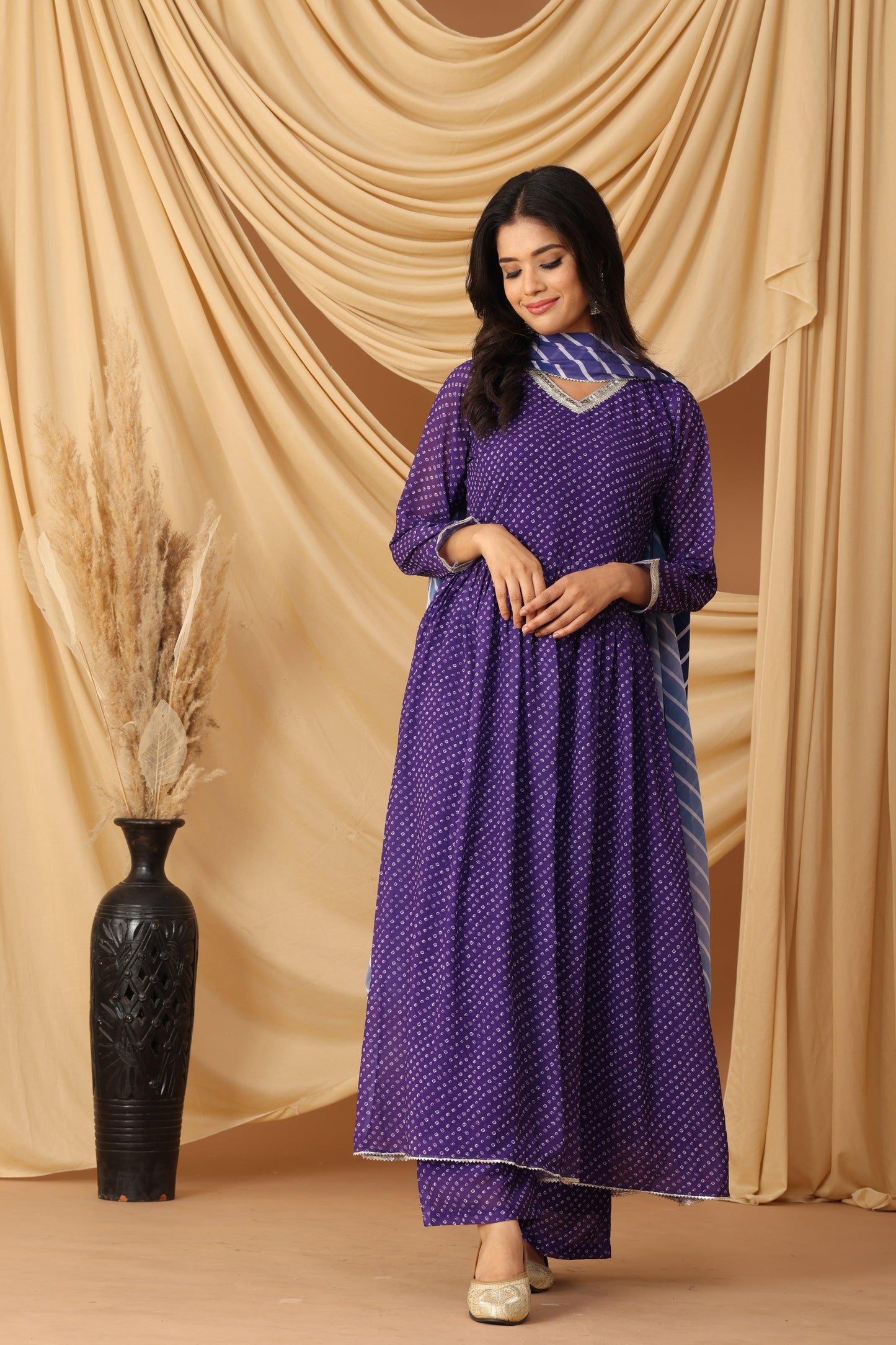 Pihu Violet Bandhani Print Anarkali Set