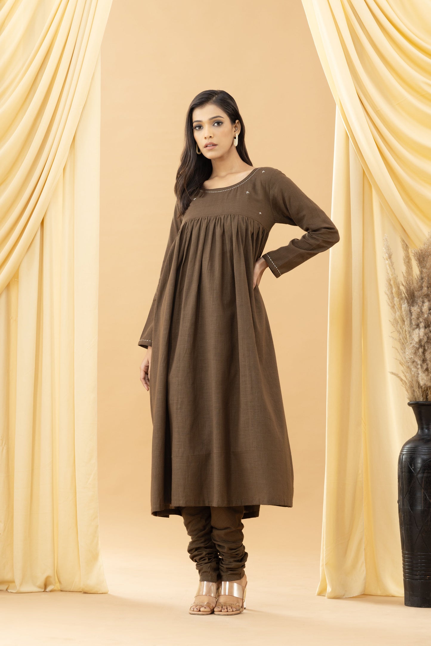 Aseel Olive Green Khadi Gathered Kurta Set