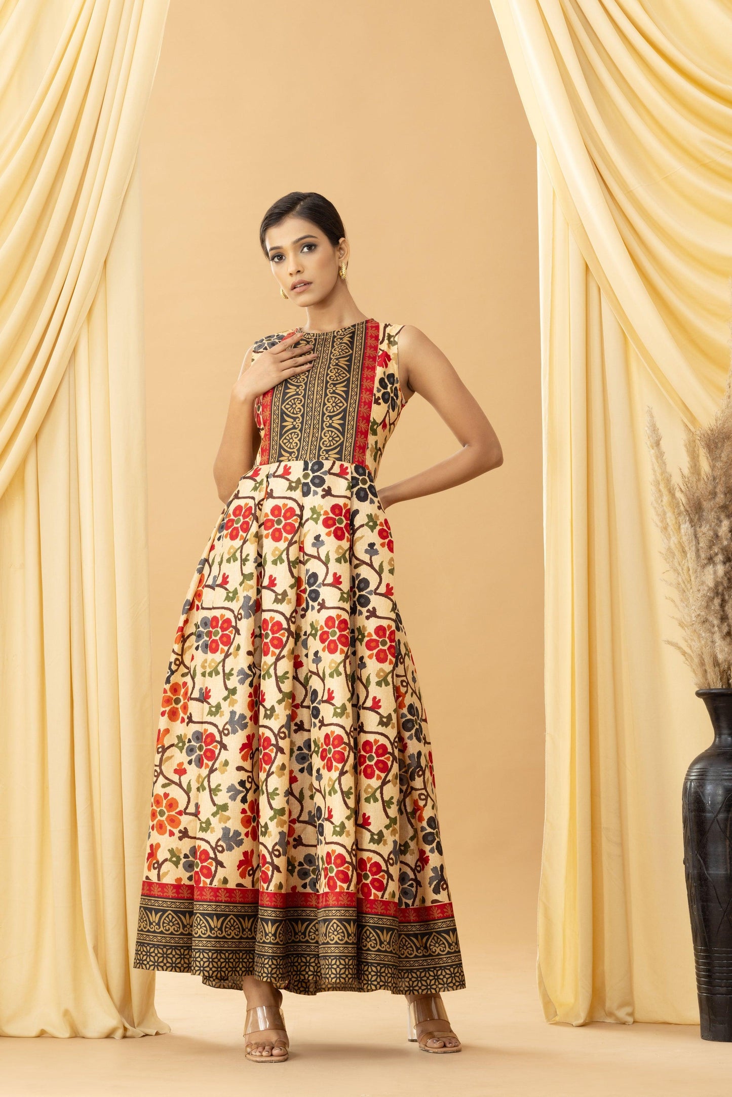 Aseel Beige Kalamkari Silk Back-less Pleated Dress