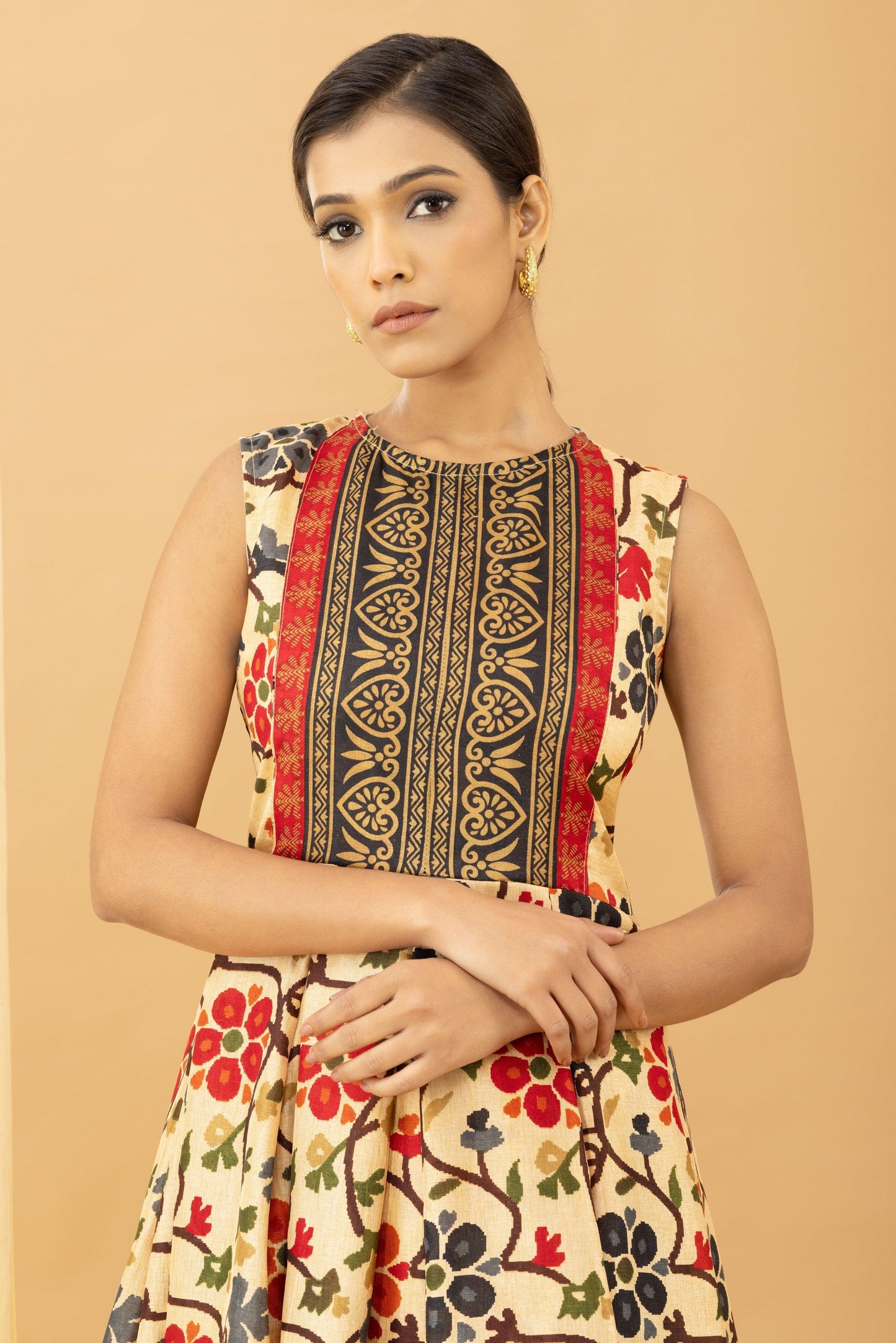 Aseel Beige Kalamkari Silk Back-less Pleated Dress