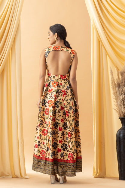 Aseel Beige Kalamkari Silk Back-less Pleated Dress