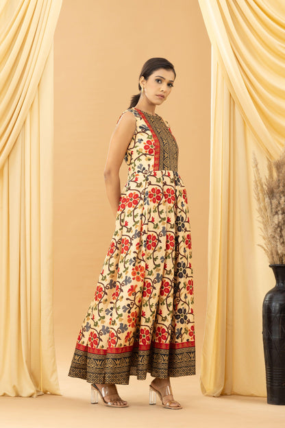 Aseel Beige Kalamkari Silk Back-less Pleated Dress