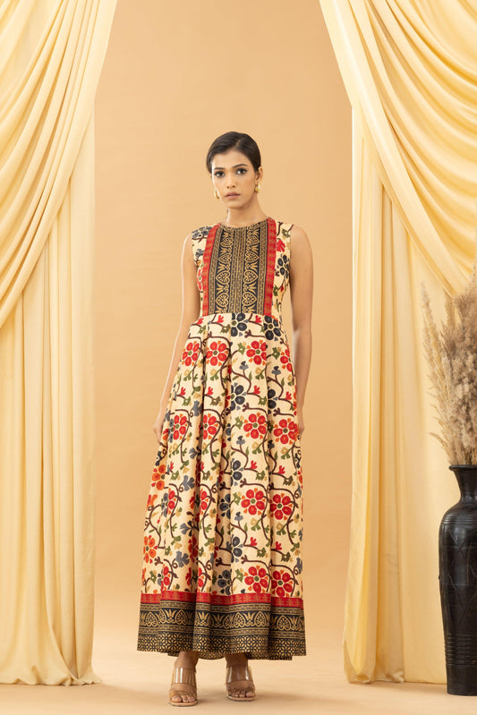 Aseel Beige Kalamkari Silk Back-less Pleated Dress