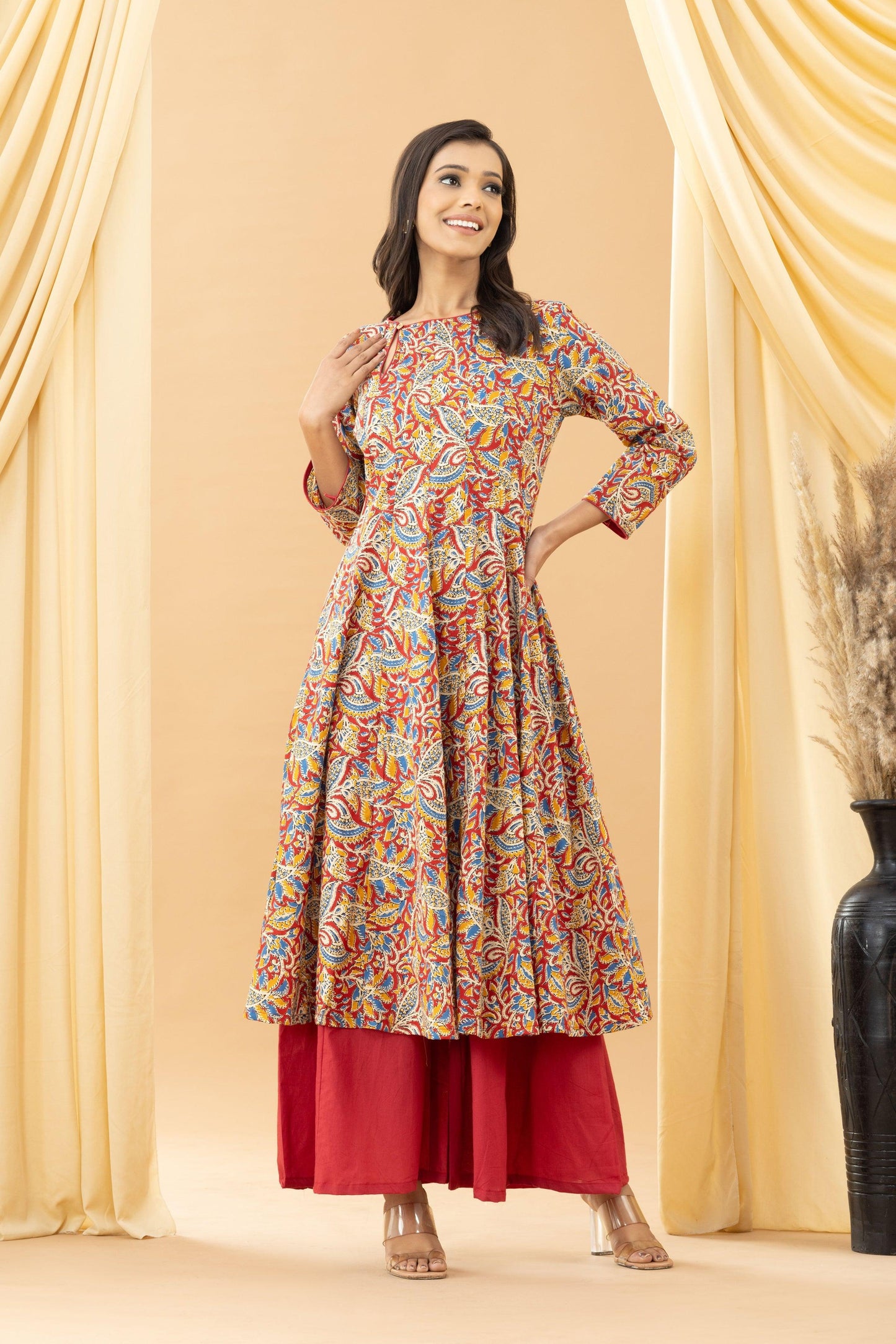 Aseel Red Kalamkari Slit Kurta Palazzo Set