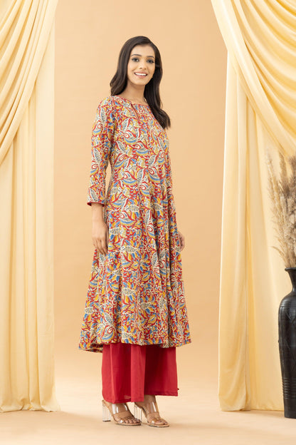 Aseel Red Kalamkari Slit Kurta Palazzo Set