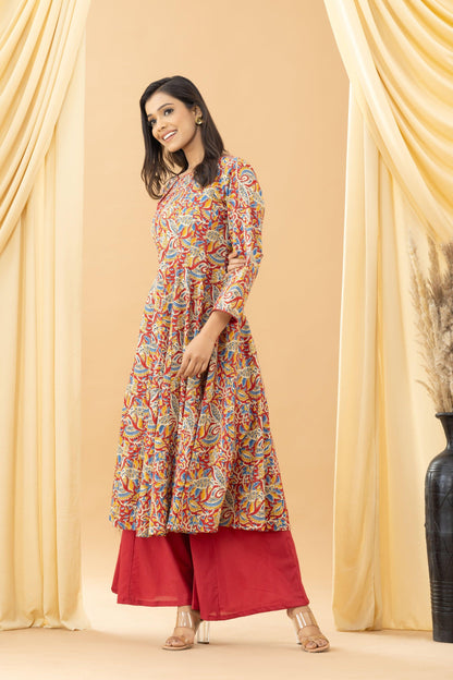 Aseel Red Kalamkari Slit Kurta Palazzo Set