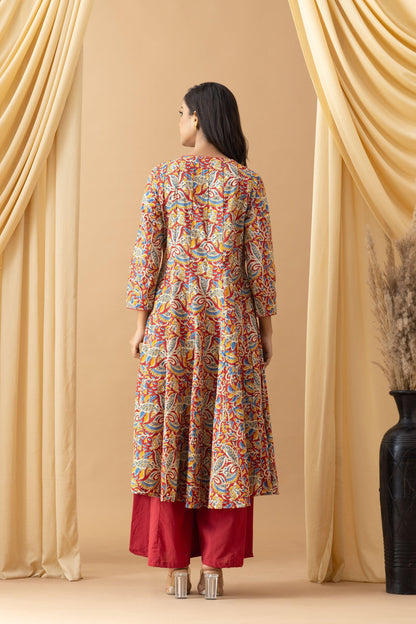 Aseel Red Kalamkari Slit Kurta Palazzo Set