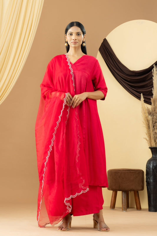 Harsingaar Candy Red Silk Gathered Suit Set