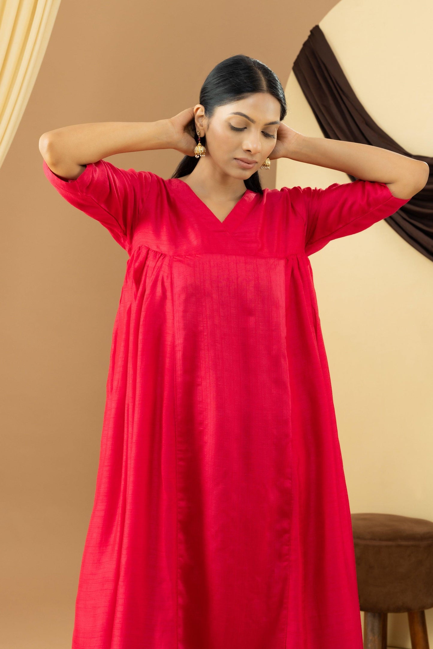 Harsingaar Candy Red Silk Gathered Suit Set