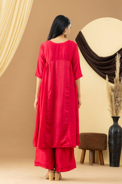 Harsingaar Candy Red Silk Gathered Suit Set