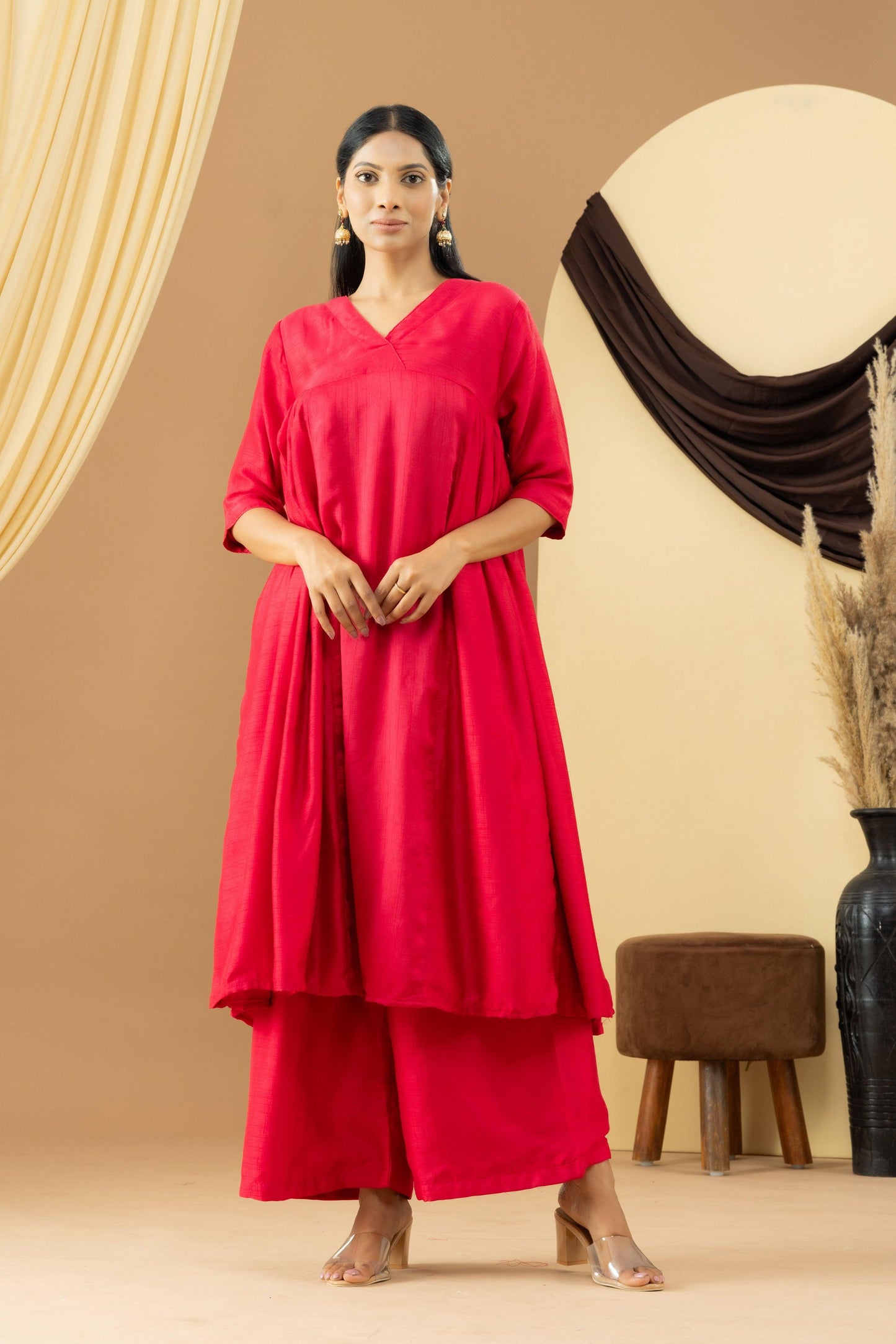 Harsingaar Candy Red Silk Gathered Suit Set