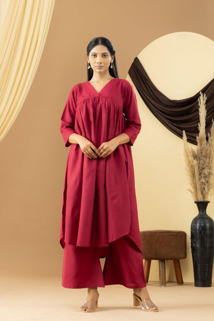 Harsingaar Crimson Gathered Kurta Set