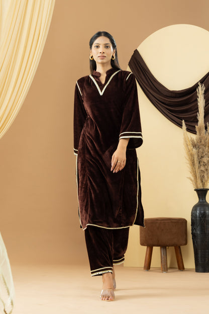 Harsingaar Coffee Brown Velvet Kurta Set