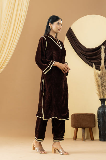 Harsingaar Coffee Brown Velvet Kurta Set