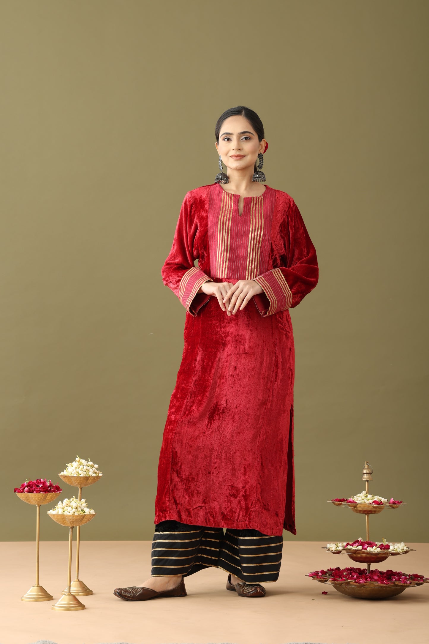 Utsaah Red and Black Velvet Gotta Kurta Set