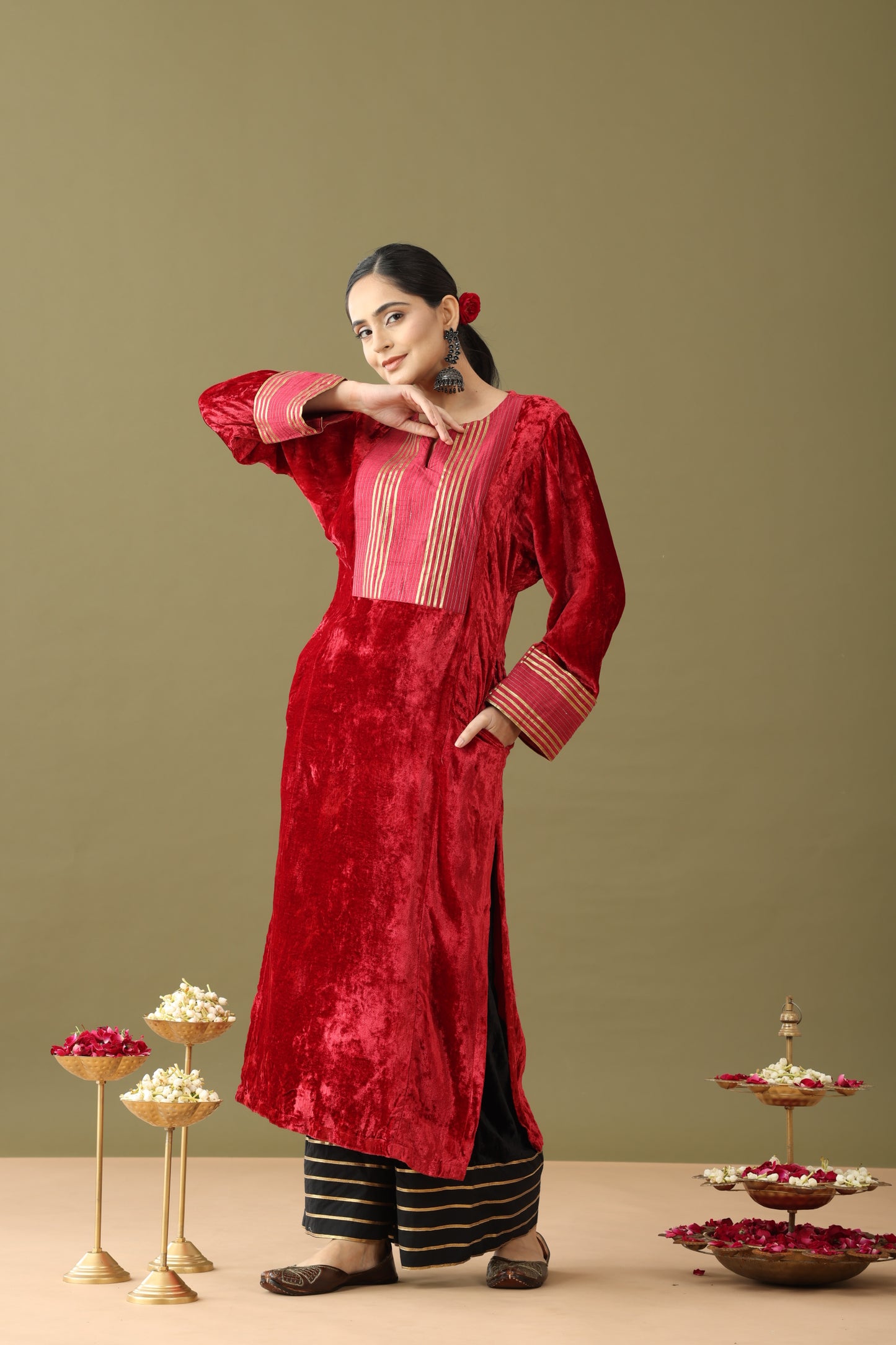 Utsaah Red and Black Velvet Gotta Kurta Set