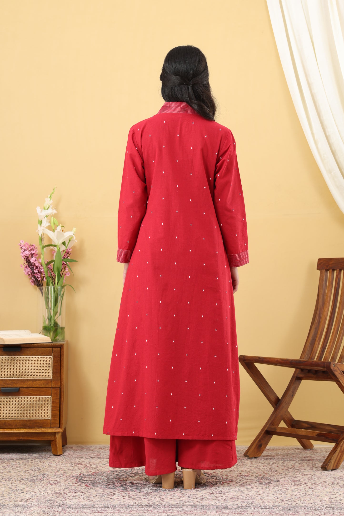 Saadgi Cherry Red Jamdani A-line Kurta Set