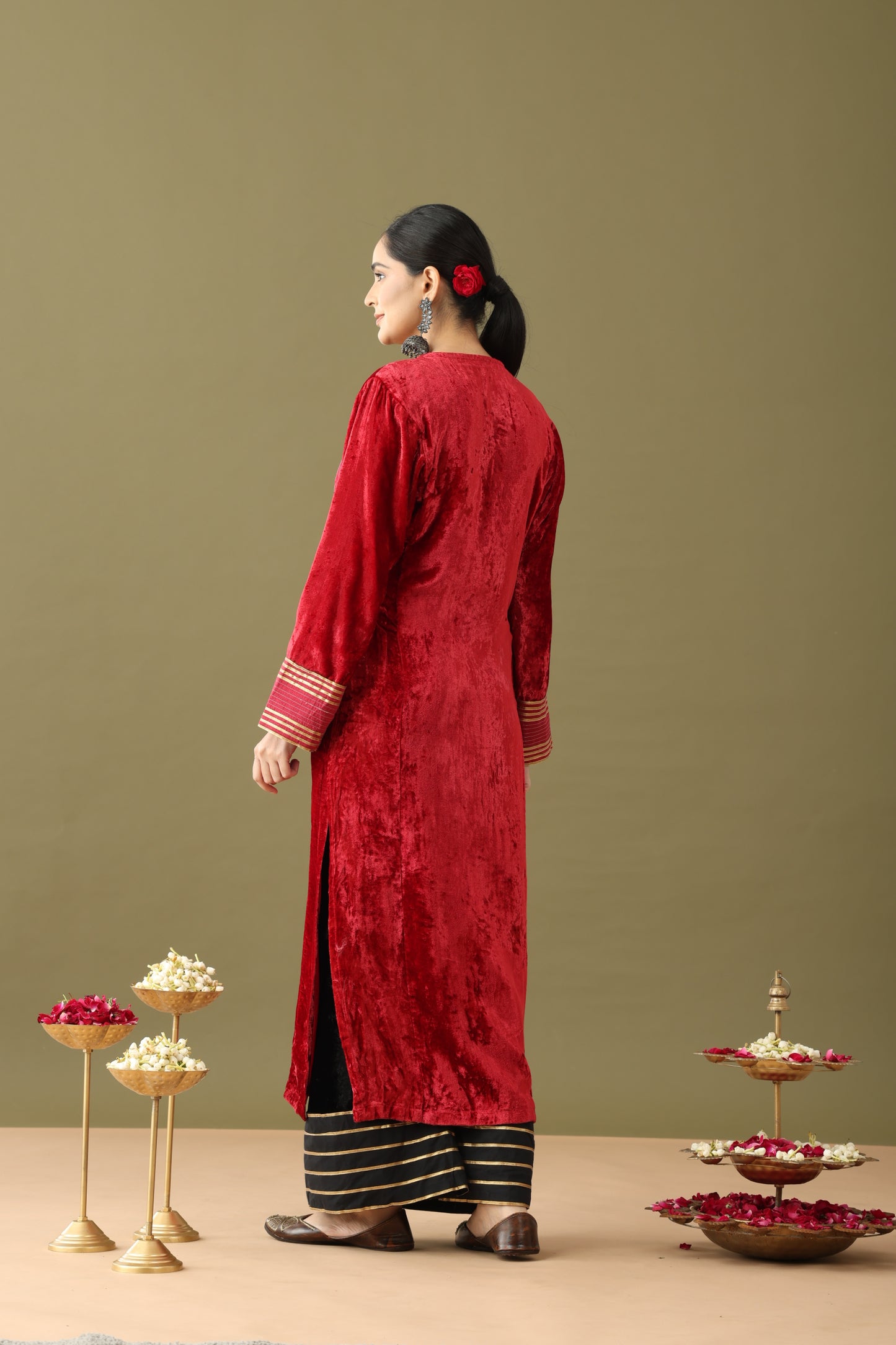 Utsaah Red and Black Velvet Gotta Kurta Set