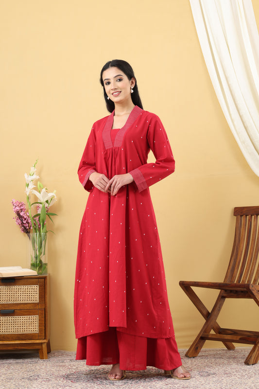 Saadgi Cherry Red Jamdani A-line Kurta Set