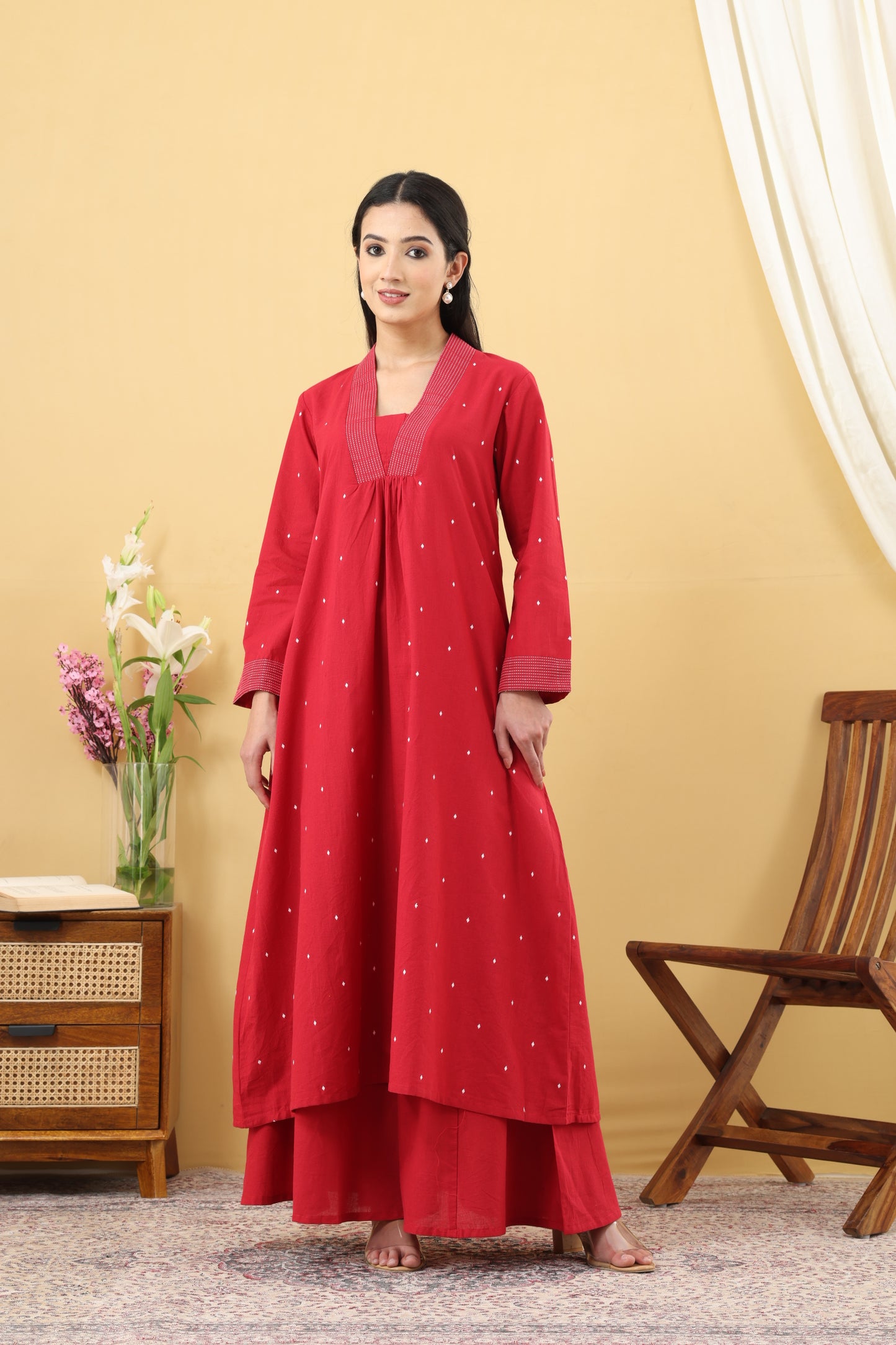 Saadgi Cherry Red Jamdani A-line Kurta Set