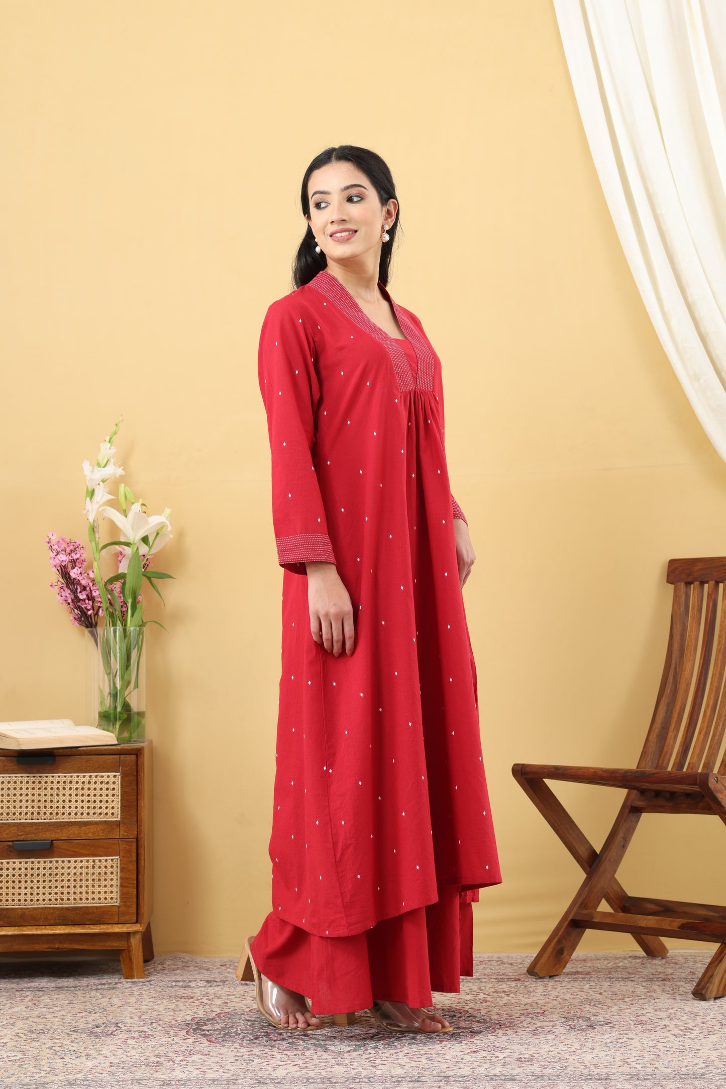 Saadgi Cherry Red Jamdani A-line Kurta Set