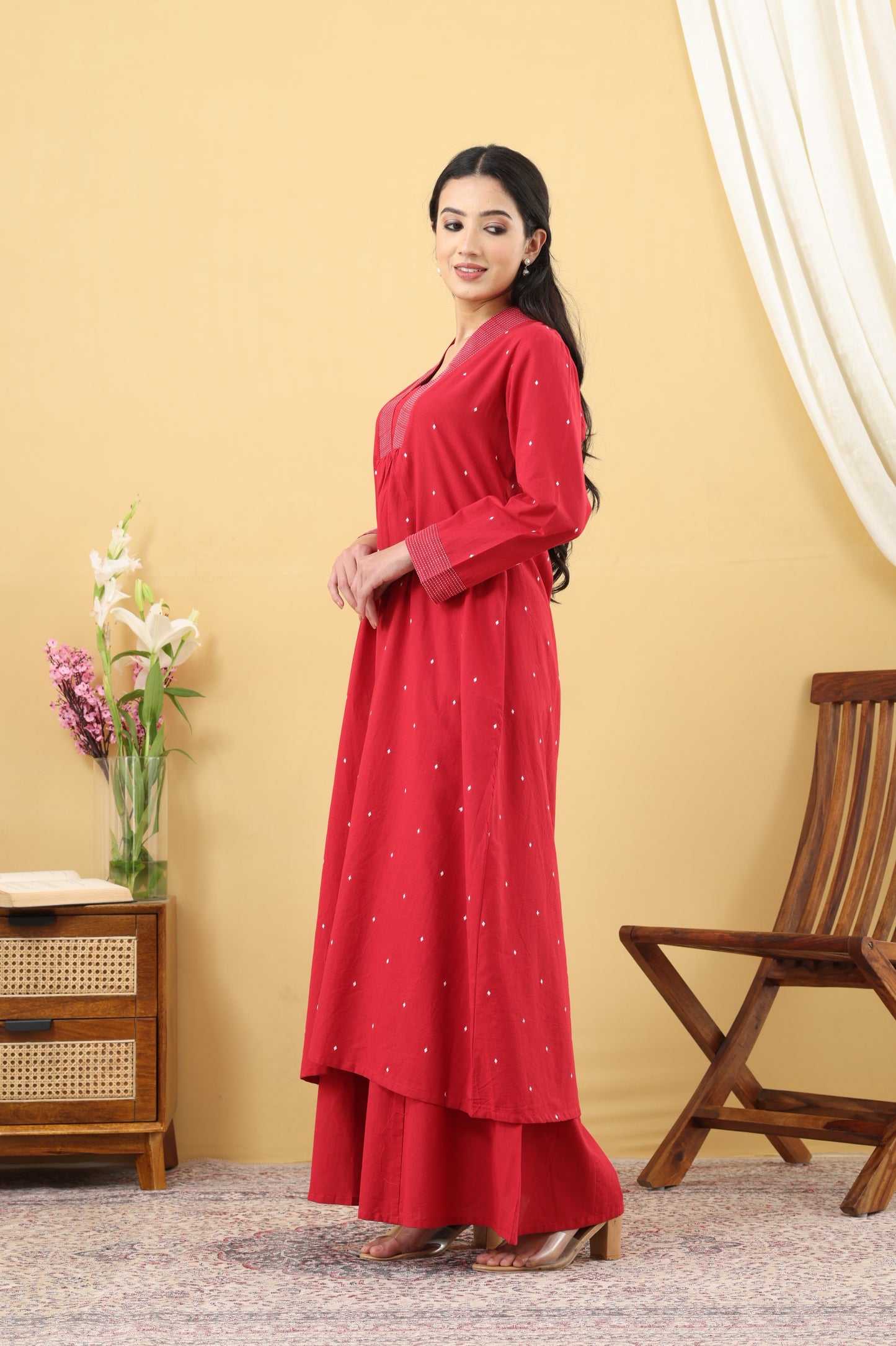 Saadgi Cherry Red Jamdani A-line Kurta Set