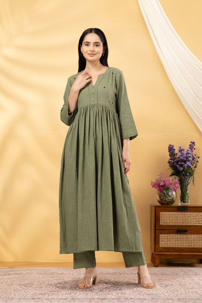 Saadgi  Sage Green Gathered Kurta Set